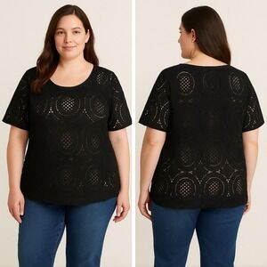 Catherines Black Lace Crochet Blouse Short Sleeve Plus Size Top Sheer Overlay 3X